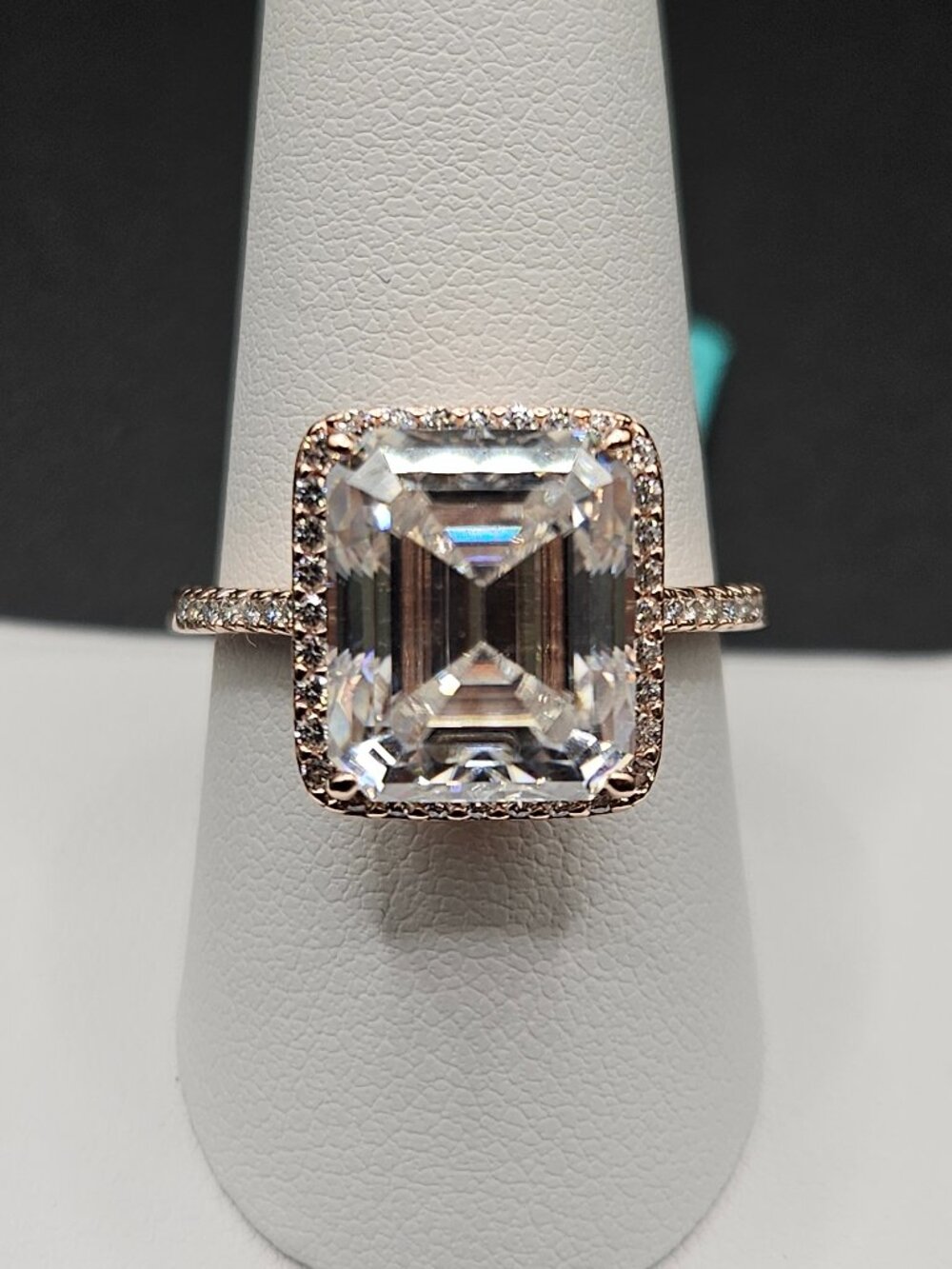 925 sterling silver moissanite 14k rose gold emerald cut halo ring sz 9 12.21ct